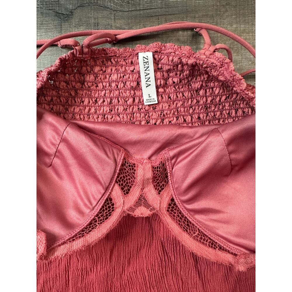 Zenana Dusty Pink Crochet Lace Ruffled Hem Cami Mini Dress Double Strap Large - Picture 3 of 14